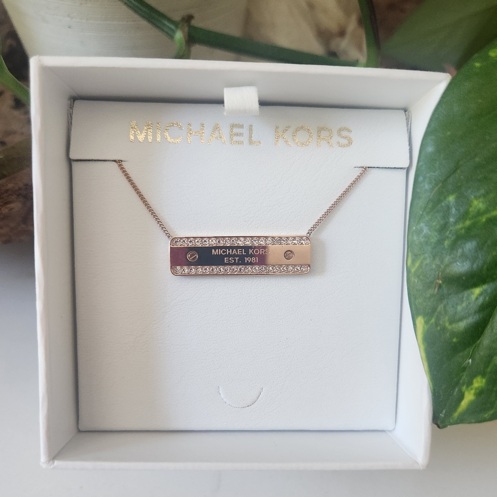 Michael Kors Rose Gold Plaque Necklace with Crystal Detailing
